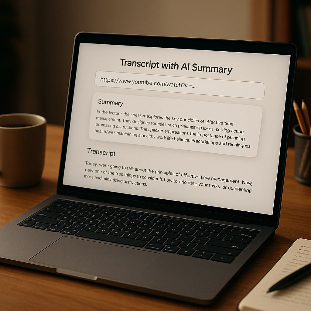 A YouTube lecture URL pasted into ScreenApp and turned into a transcript with an AI summary