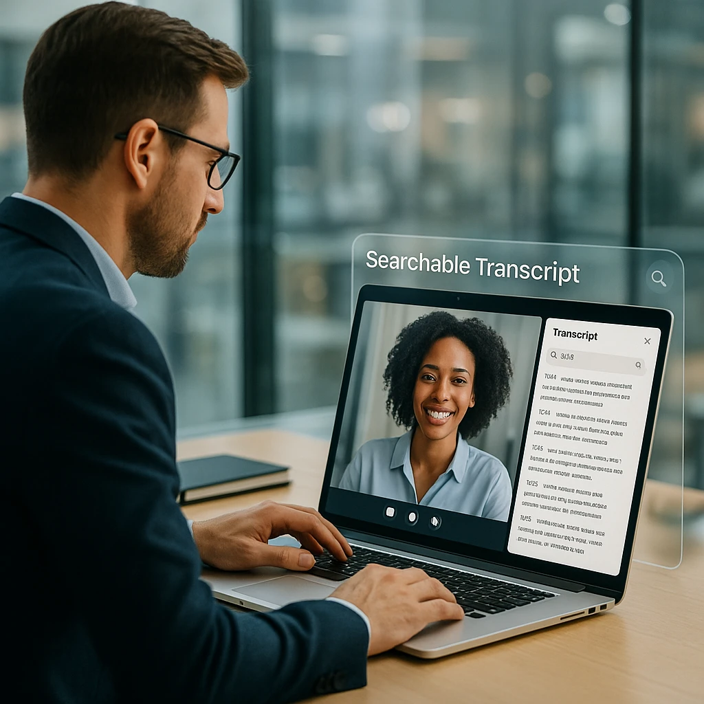 Recruiter reviewing a candidate video interview with a searchable transcript panel open