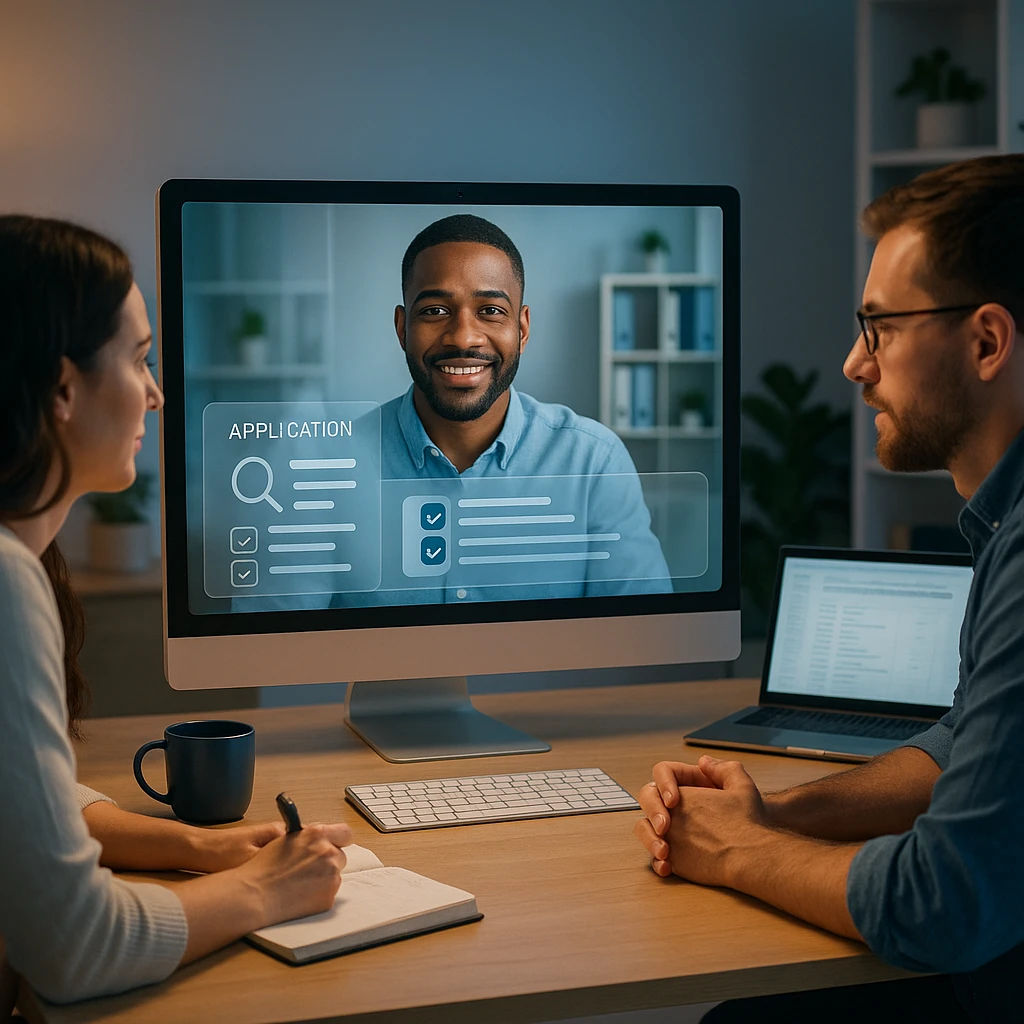 Small hiring team on a video call screening a candidate together