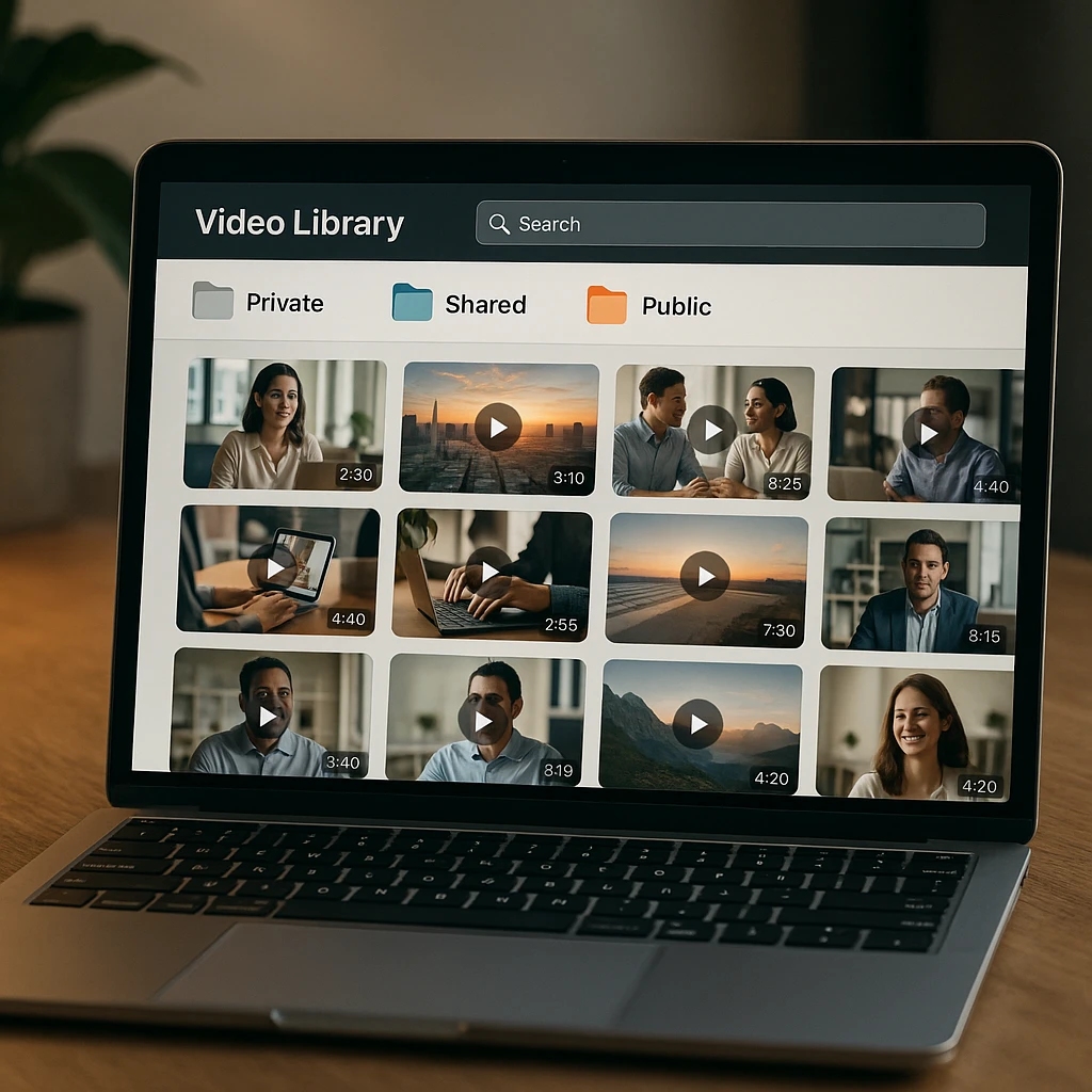 A clean video library dashboard showing folders labeled Private, Shared, and Public with video thumbnails and a search bar