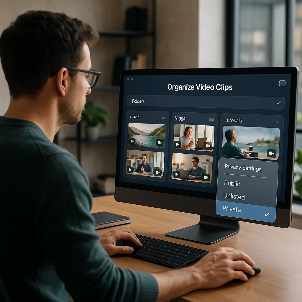 A person organizing videos into folders and setting a clip to private, shared, or public inside a video library app