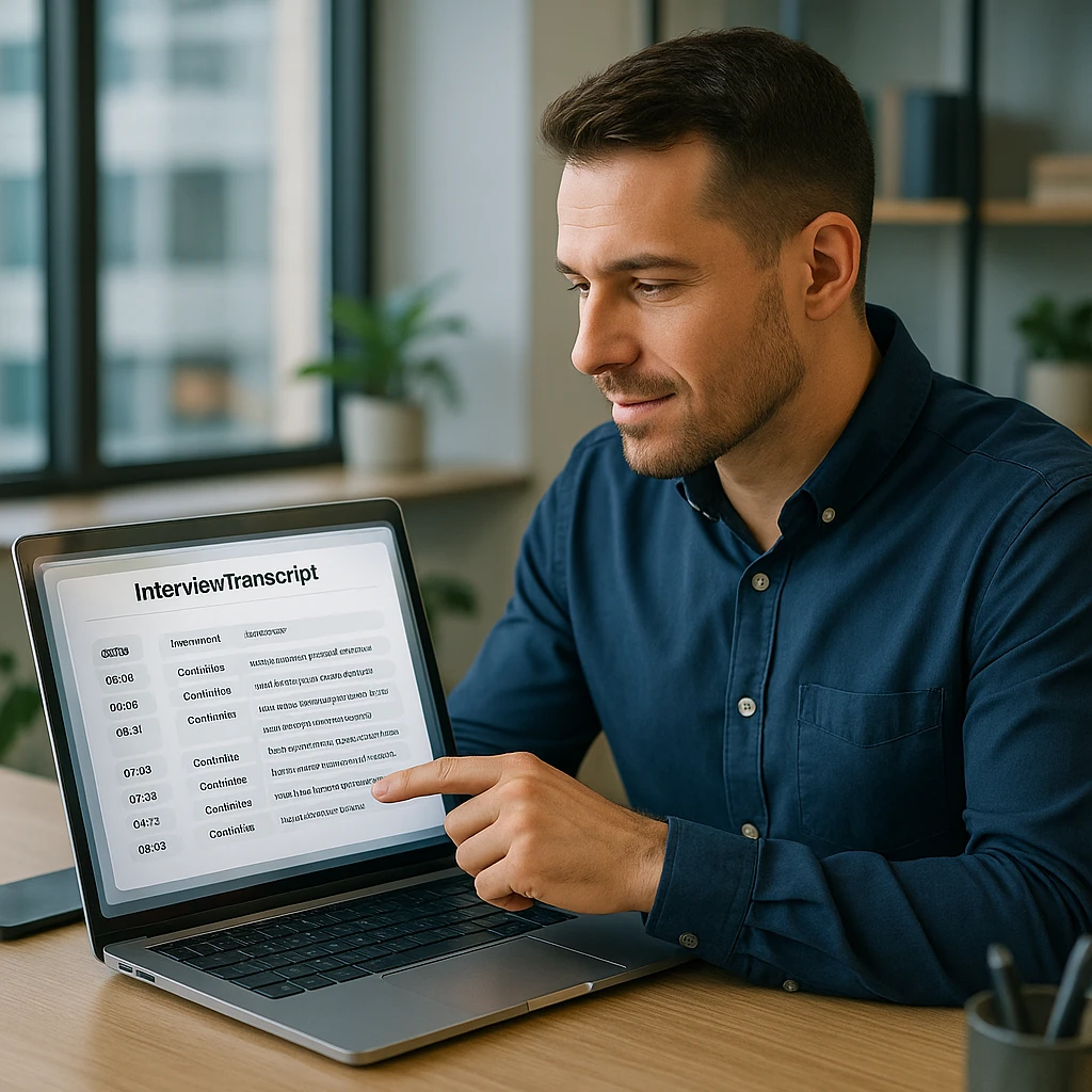 Recruiter reviewing an exported PDF interview transcript with timestamps on a laptop