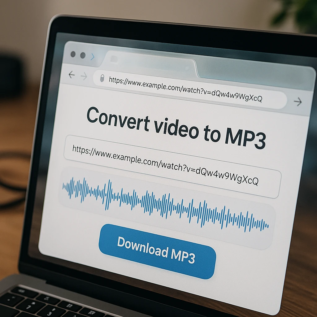 Browser window showing a video URL pasted into a link to MP3 converter with an audio waveform and download button