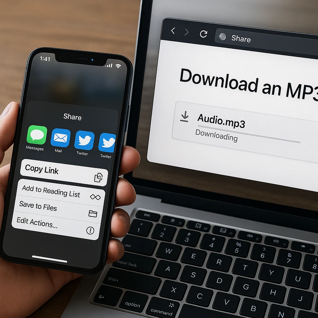 Phone and laptop side by side showing a share sheet with Copy Link and the extracted MP3 file downloading in a browser