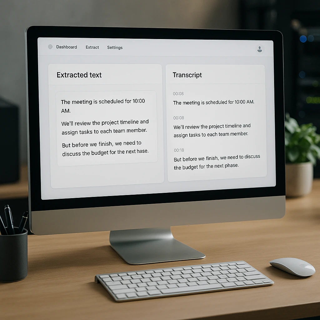 A recorded presentation split into extracted on-screen text and a timestamped transcript in a clean review interface