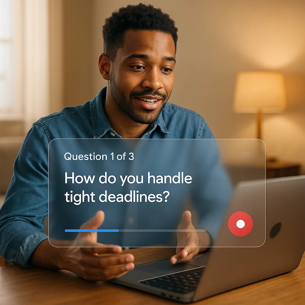 Candidate recording a one-way video interview response at home on a laptop