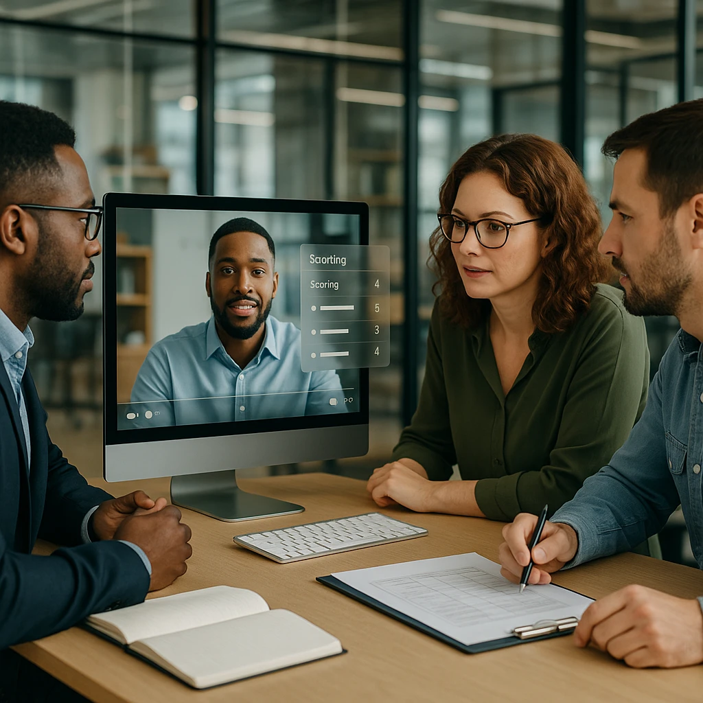 Hiring panel reviewing recorded candidate video responses together with scoring notes