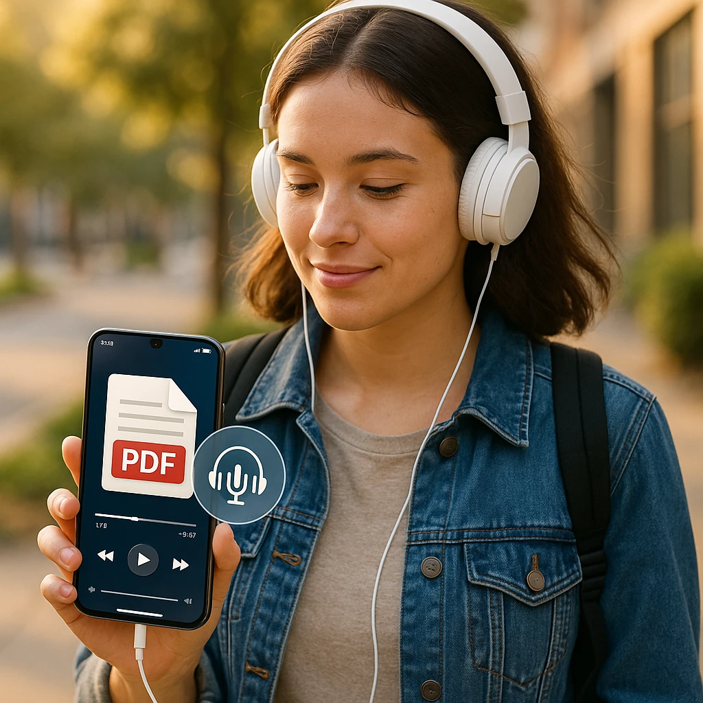 A student walking outdoors with headphones listening to a podcast generated from a PDF on their phone