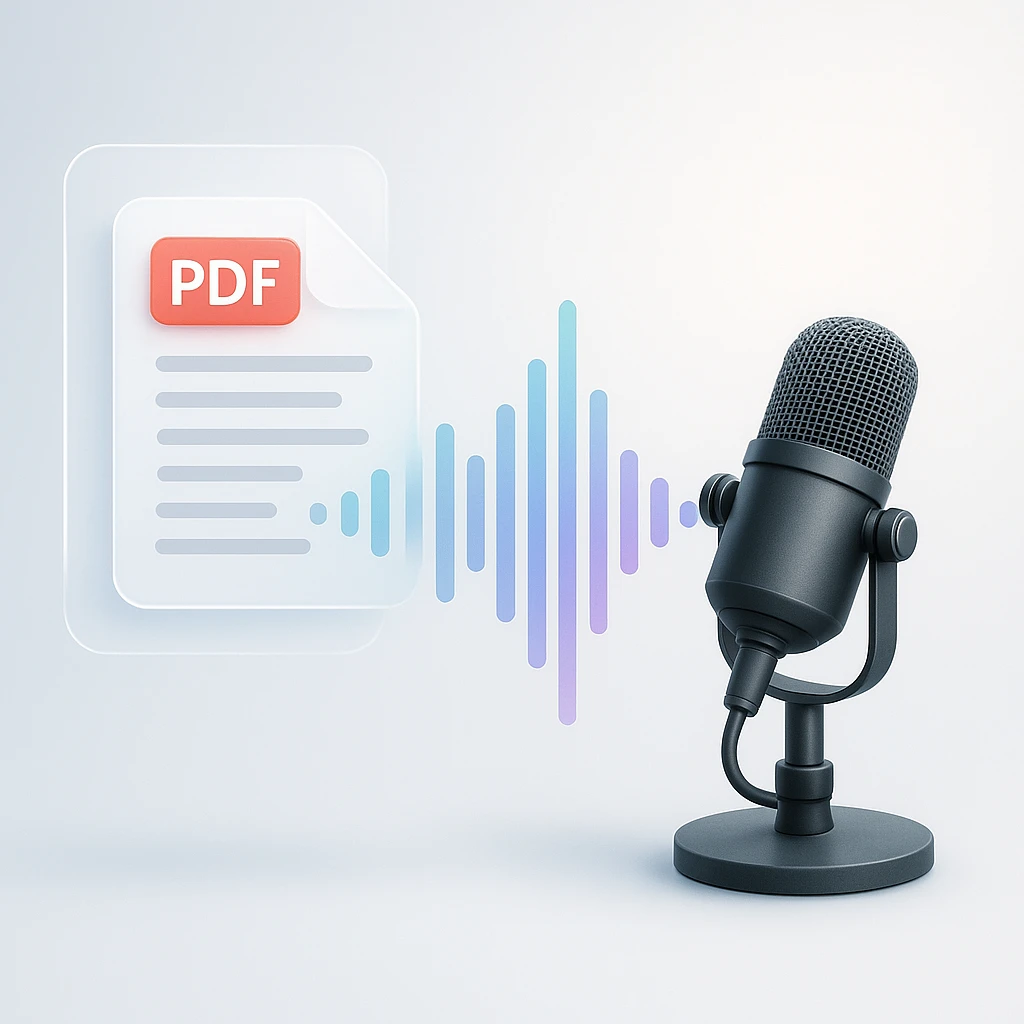 A PDF document page transforming into an audio waveform and two podcast microphones, showing a written document becoming a spoken two-host conversation
