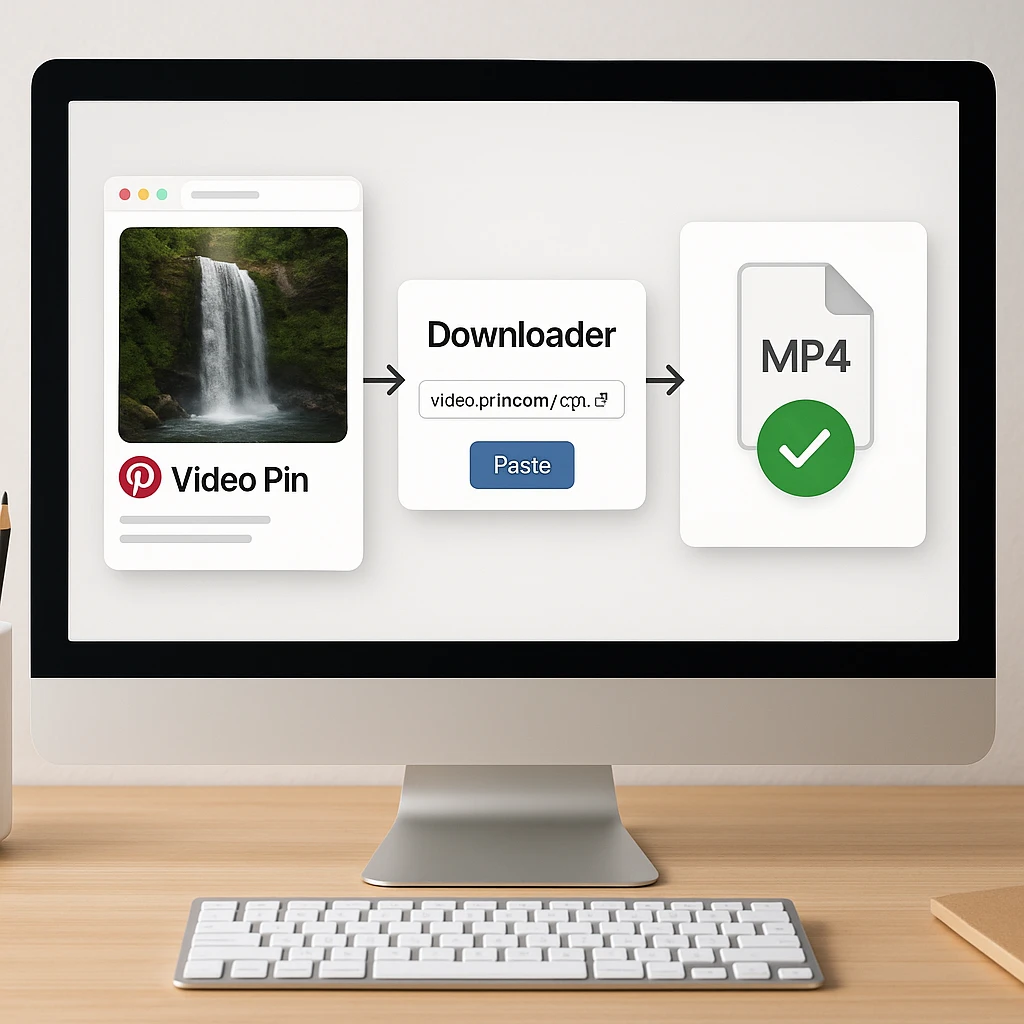 The three step process to download a Pinterest video: copy the video pin link, paste it into a downloader, and save the MP4 file