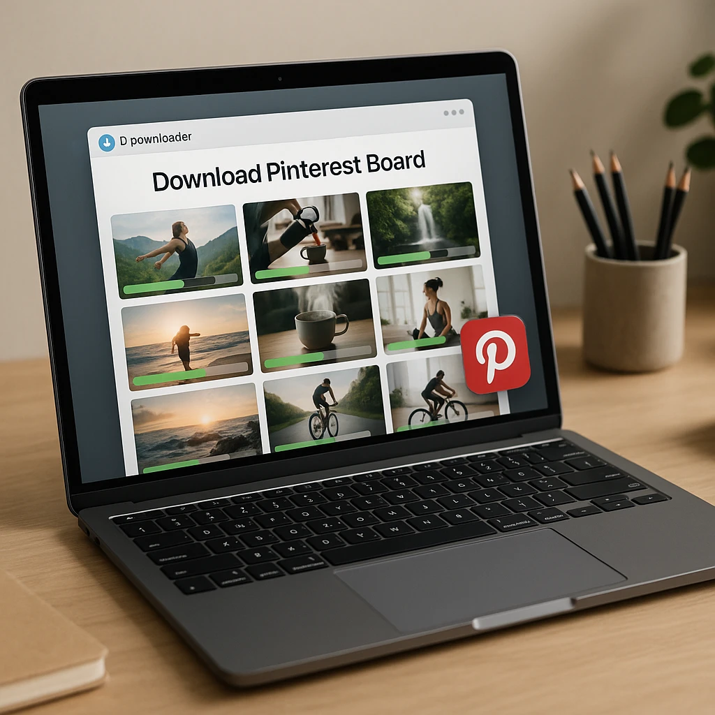 A desktop downloader app batch downloading an entire Pinterest board at once, with a grid of video thumbnails each showing its own download progress bar