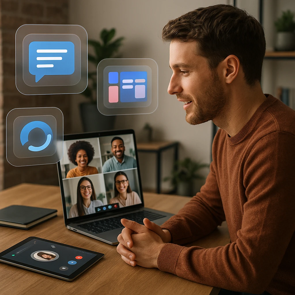Modern remote team using various collaboration tools for effective communication