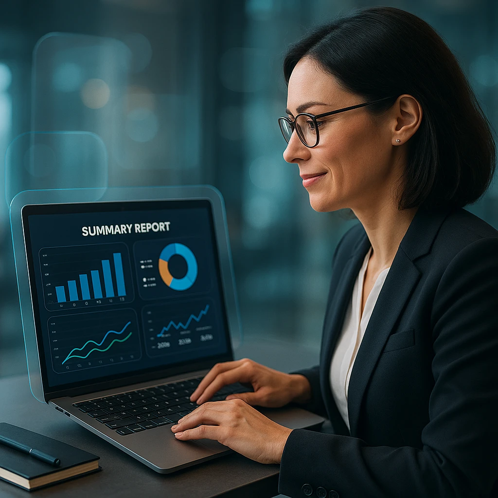 Femme d'affaires professionnelle créant un rapport de synthèse sur un ordinateur portable avec des graphiques et des visualisations de données affichés à l'écran