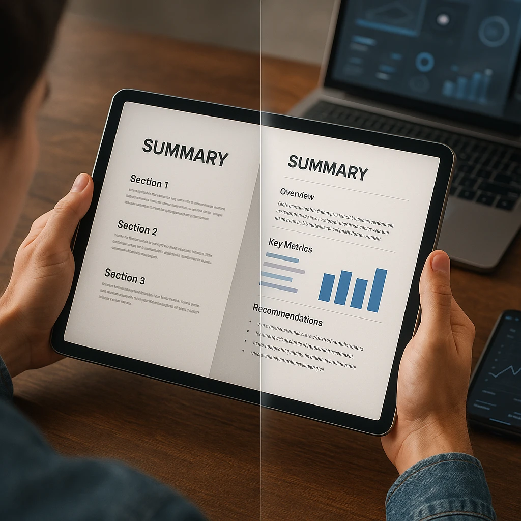 Écran partagé montrant un rapport de synthèse mal formaté par rapport à un rapport de synthèse professionnel bien structuré avec des sections claires et des éléments visuels