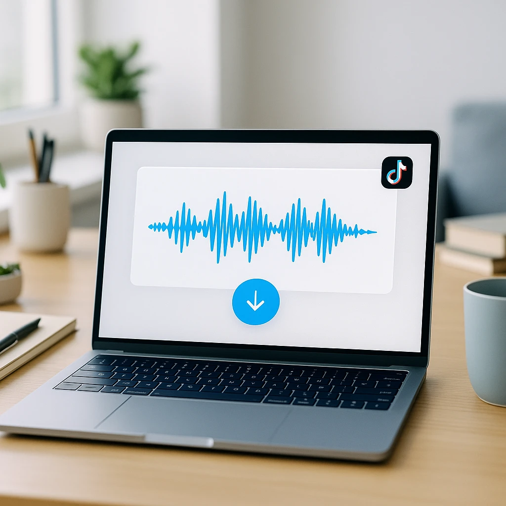 Laptop showing a TikTok link pasted into an online converter with an audio waveform and a Download MP3 button