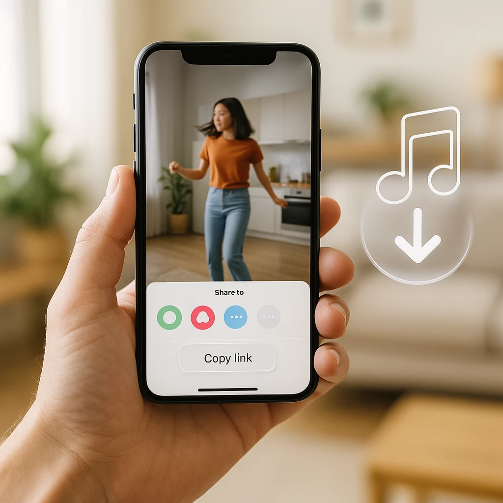 Two phones showing the TikTok share menu with Copy link and a mobile browser downloading the audio as an MP3