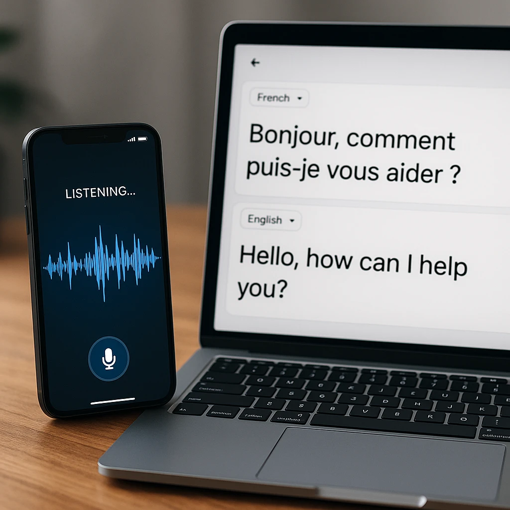 A phone and a laptop translating spoken audio between two languages, with an audio waveform and translated text side by side