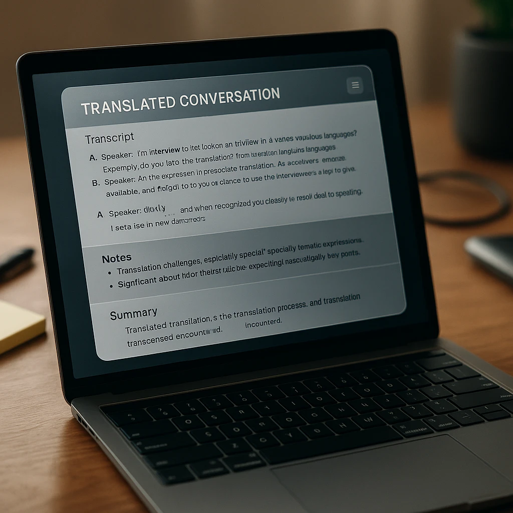 A translated conversation turned into a clean transcript, notes, and a summary on a laptop screen