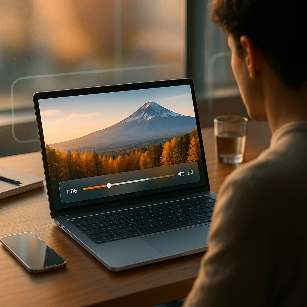 Person watching a video in a desktop MP4 player with playback controls visible