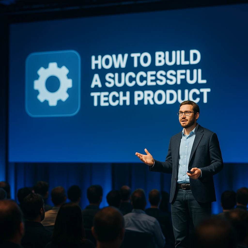 A keynote speaker on a conference main stage with one bold slide behind them and the audience in soft focus
