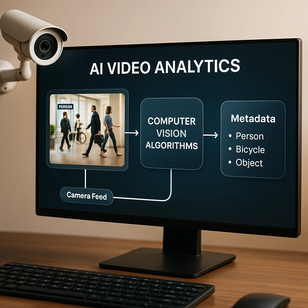 A detailed technical diagram showing how AI video analytics processes camera feeds, with computer vision algorithms analyzing objects and generating metadata