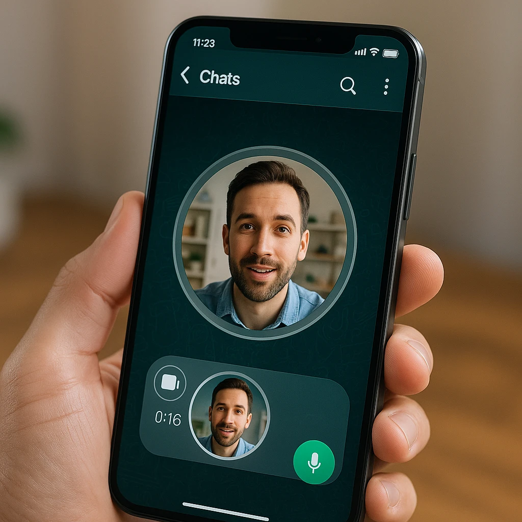 Smartphone professionnel montrant l'interface des notes vidéo WhatsApp avec un message vidéo circulaire, conception d'interface utilisateur mobile moderne, arrière-plan propre