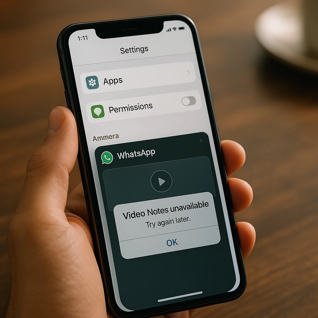 Dépannage des notes vidéo WhatsApp sur les appareils mobiles, montrant l'interface des paramètres et les messages d'erreur courants, interface utilisateur de smartphone moderne