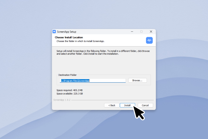 ScreenApp Setup window with the Install button