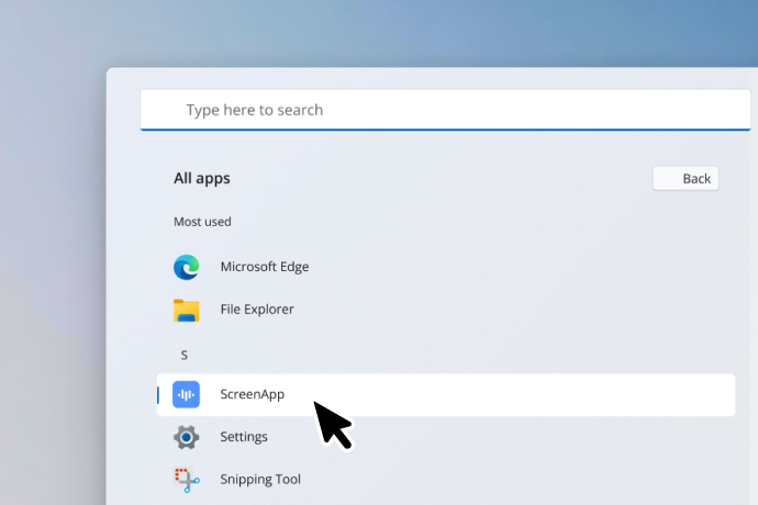 Windows Start menu showing the ScreenApp app